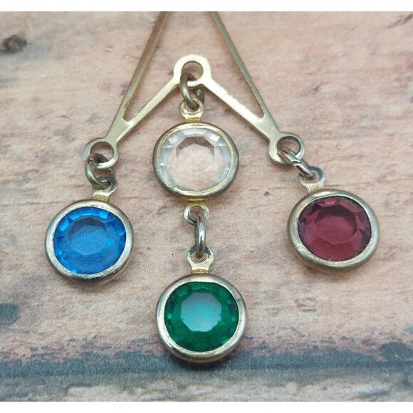 Silver Tone Statement Earrings Dangle Drop Bezel Set Colorful Crystals Geometric - Picture 3 of 4